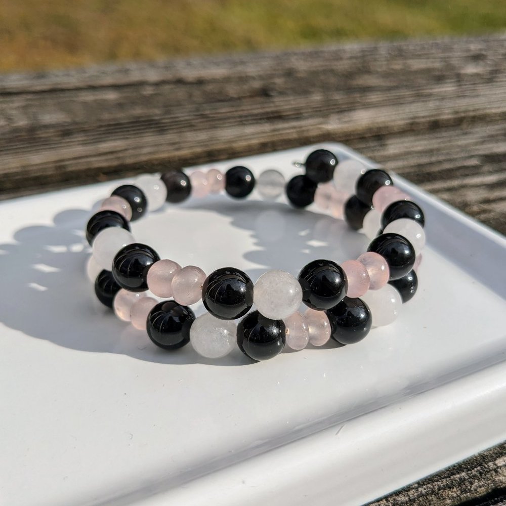 Silver Obsidian Rose Quartz Stone Bracelet